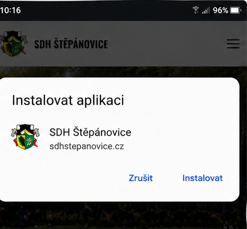 Potvrzení instalace aplikace SDH Štěpánovice na Androidu