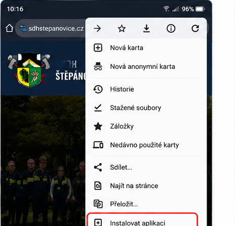 Nabídka Google Chrome na Androidu – Instalovat aplikaci